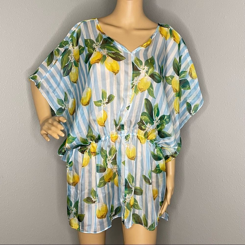 NWT West Loop Blue White and Yellow Lemon Striped Beach Cover-Up One Size